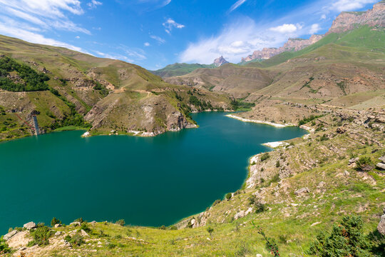 Panoramic view of Lake Gizhgit in Caucasus mountains in summer, Russia