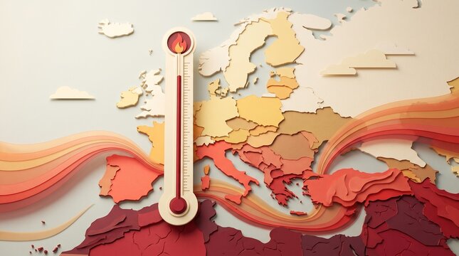 Climate change concept with thermometer and red heat waves over map of Europe