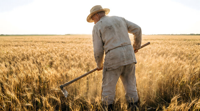 A male farmer uses a hoe to work in a ripe golden wheat field under bright sunlight.