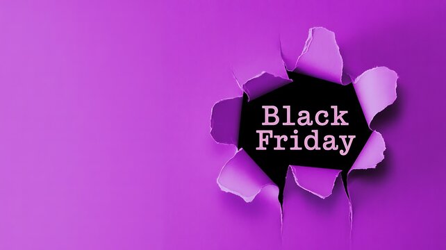 Black friday text reveal through a torn purple paper hole with copy space for seasonal sale advertisement