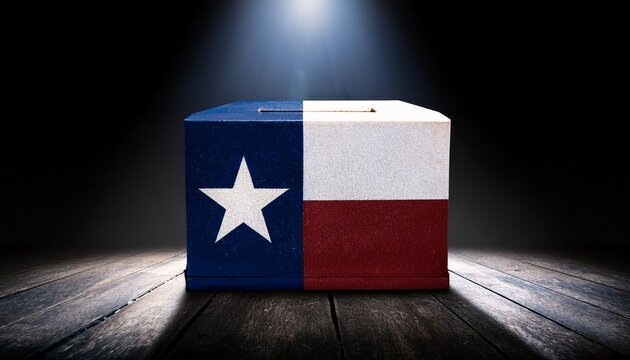 a light shining on Texas flag voting box in the dark