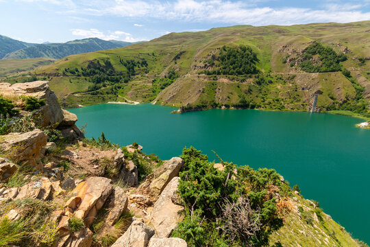 Panoramic view of Lake Gizhgit in Caucasus mountains in summer, Russia