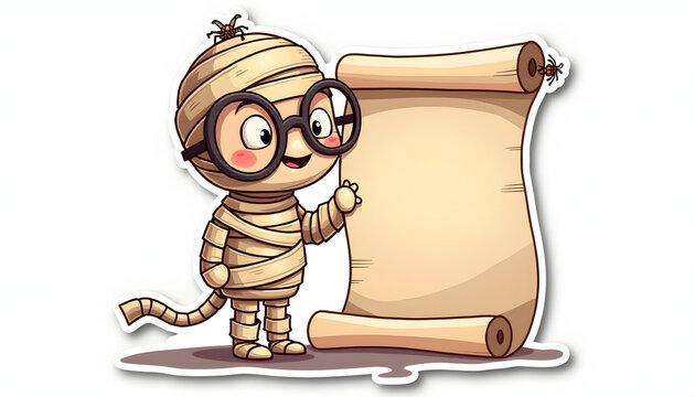 Cute Mummy Boy Sticker with Glasses Standing Beside Blank Scroll