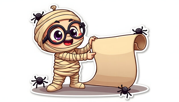 Cute Mummy Boy Sticker with Glasses and Spiders Holding Blank Scroll