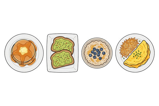 Zestaw pysznych śniadań w stylu ilustracji wektorowej, zawierający naleśniki z masłem, tosty z awokado, owsiankę z jagodami oraz omlet z ziołami na białym tle, idealny do menu restauracji.