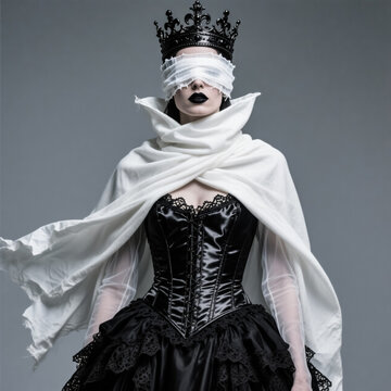 Gothic queen in black crown and blindfold, dark fantasy woman in corset and white cape, mysterious royal figure in dramatic attire
