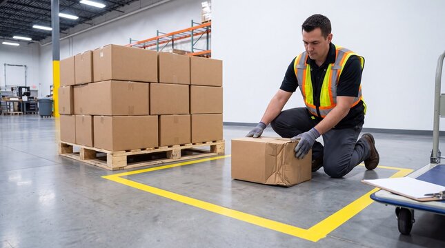 Logistics worker kneeling to check crushed shipping container