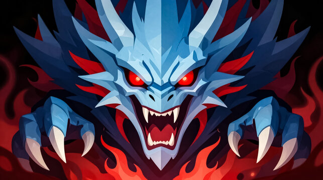 Fierce blue dragon head with glowing red eyes, aggressive fantasy monster portrait, mythical beast with sharp fangs and claws