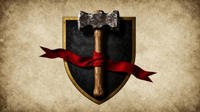 Medieval blacksmith hammer on heraldic shield, vintage war crest with red ribbon, ancient warrior emblem on parchment background