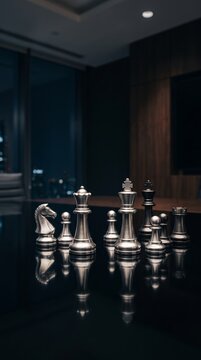 Royal chess pieces reflection on glossy dark surface luxurious gaming setup high quality detail cinematic mood