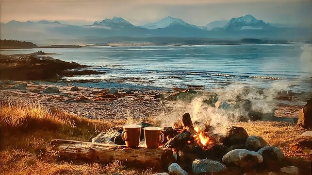 Campfire and mugs on a rocky shore with mountains.