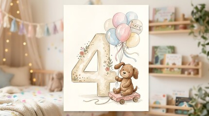 Fototapeta premium Watercolor number four with teddy bear swing and colorful balloons, charming first birthday nursery illustration