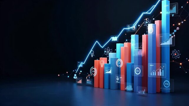 3D Business Growth Bar Chart and Financial Analytics Graph with Glowing Innovation Icons and Upward Trend in Cyberspace

