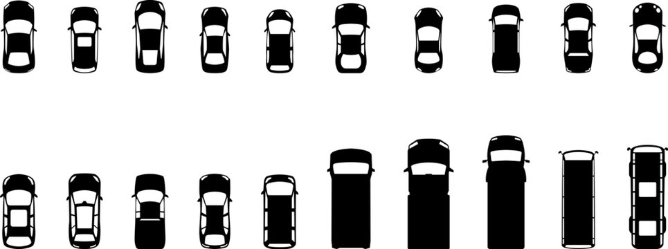 Silhouette car top view icon collection. City vehicle, transport shape silhouettes. Various cars vector illustration.