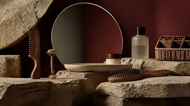 Natural Bathroom Vanity with Wooden Accessories and Mirror.