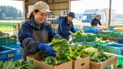 農場で収穫されたばかりの新鮮な野菜を笑顔で丁寧に箱詰めする女性農業従事者