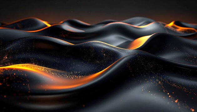 Dark abstract waves with glowing golden embers and particles