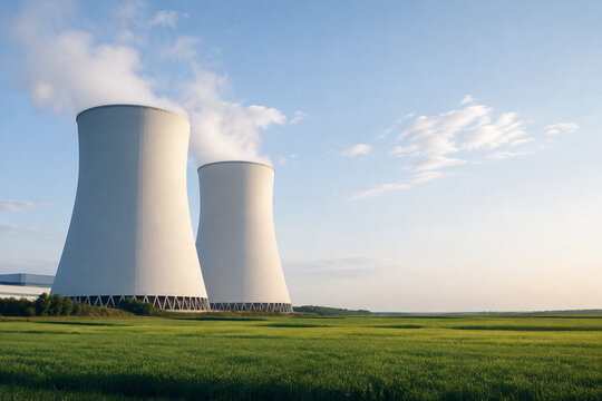 White cooling towers of nuclear power plant in rural landscape, energy production and countryside concept