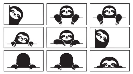 Fototapeta premium Set of cute sloth character icons in various poses peeking over edges for creative design projects and social media stickers on transparent background