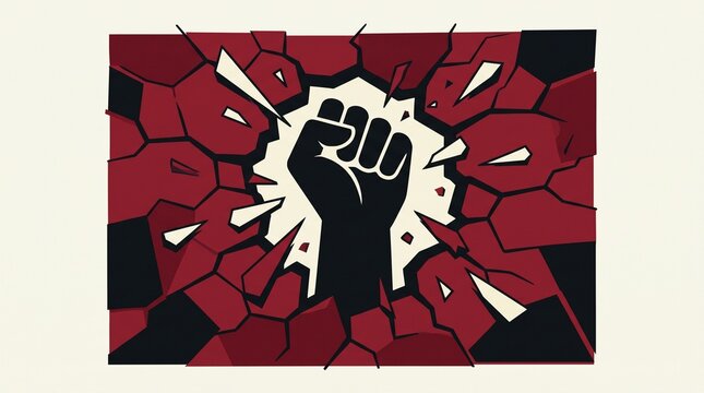 Raised fist breaking through cracked wall, flat vector protest and dissent concept
