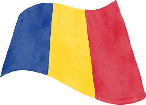 Hand drawn watercolor Romania tricolor flag watercolor vector illustration isolated on white background. Handmade 3D effect national flag.