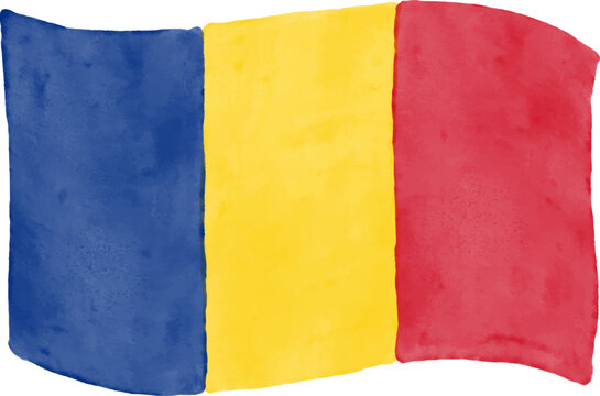 Hand drawn watercolor Romania tricolor flag watercolor vector illustration isolated on white background. Handmade national flag drawing.