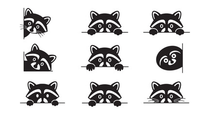 Obraz premium Set of cute raccoon peeking icons, black and white vector illustrations of curious forest animals hiding behind edges and borders for creative design projects on transparent background