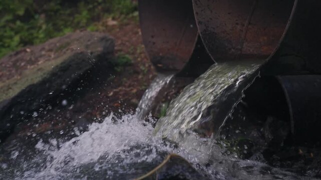 Pipe water factory ecology. The scene shows water flowing from pipes into a stream. The flowing water creates splashes and interacts with the surrounding rocky area.