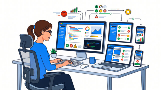 Software QA Engineer Executing Automated Bug Testing and Code Debugging Across Multi-Devices
