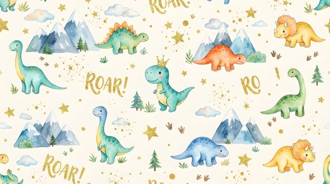 Seamless watercolor dinosaur pattern with colorful friendly dinosaurs, stars, trees and playful ROAR lettering