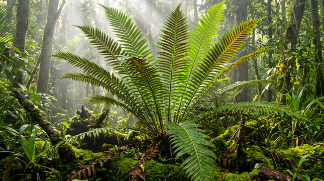 A large fern plant grows in a misty rainforest, with dappled sunlight filtering through the tree canopy to illuminate its fronds.