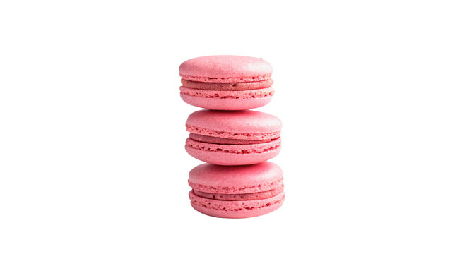 Stack of three sweet pink French macaron cakes isolated on transparent background for bakery confectionery menu caf&eacute;.