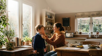 Fototapeta premium Morning Routine: A mother lovingly helps her young son get ready for the day in their sun-drenched kitchen, capturing a tender moment of domestic bliss and everyday life.