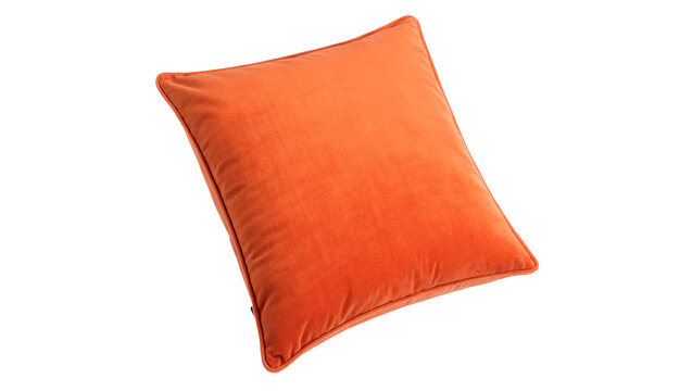 Cozy square orange textile soft pillow cushion isolated on transparent background for modern living room interior decoration.