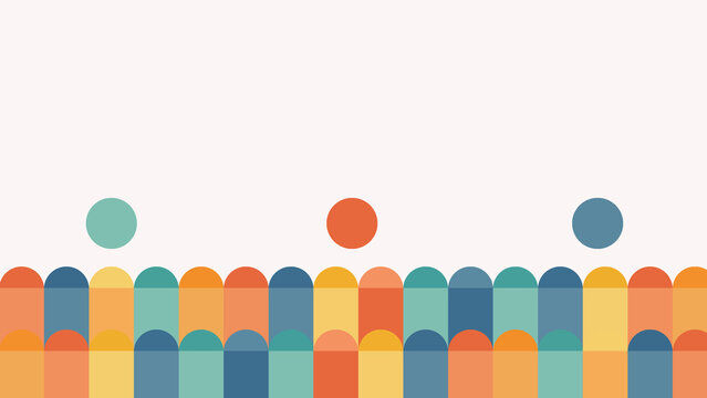 Repetitive pattern of colorful rounded segments and floating circles, creating a playful yet structured design suitable for educational or creative branding materials.