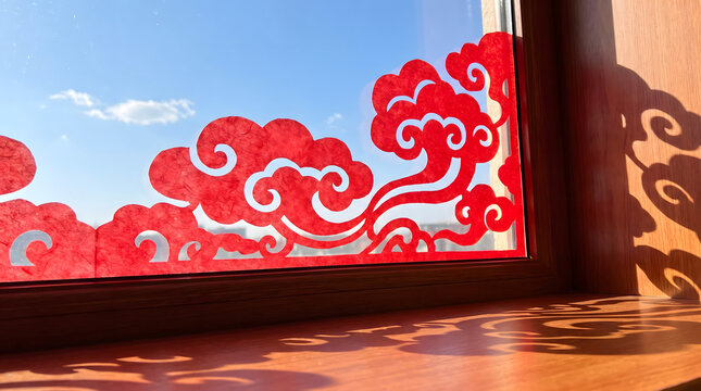 Bright red traditional Chinese auspicious cloud paper-cut affixed to a window, casting shadow on wooden surface with blue sky outside.