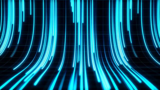 Glowing cyan light trails stream downward across a dark curved grid, forming luminous vertical paths that bend toward the foreground with strong depth, symmetry, and futuristic motion