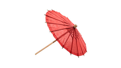 Traditional red paper cocktail umbrella drink decoration isolated on transparent background for summer beach bar menu layouts. © RRose