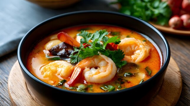 A steaming bowl of vibrant red tom yum soup with shrimp  herbs  and spices  presented on a wooden board with fresh garnishes in the background