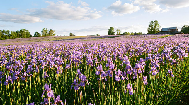A vast field of purple irises blooming under a partly cloudy sky, with a rural barn and trees in the distance.