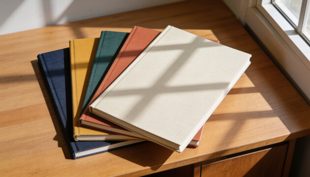 Stack of Fanned Hardcover Notebooks and Journals Resting on Wooden Table in Sunlit Window Light Close Up