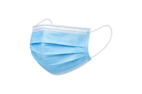 Light blue disposable surgical face mask with white elastic ear loops isolated on a clean white background, representing healthcare, hygiene, respiratory protection, and infection prevention.