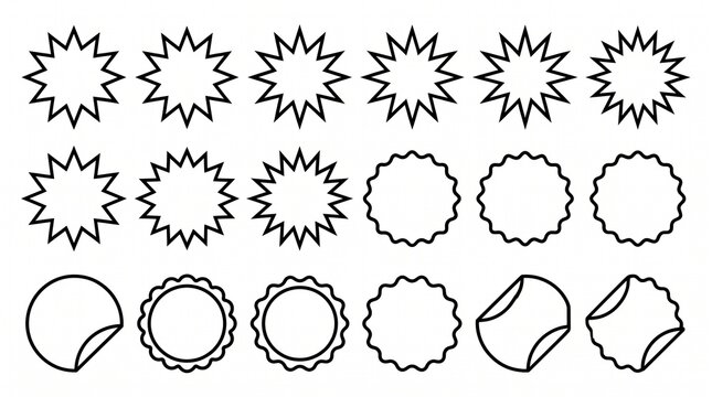 Black geometric circular shapes with starburst scalloped and segmented edges decorative badge pattern graphic illustration design.