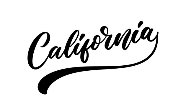 California handwritten calligraphic text with swoosh underline stroke for apparel design.