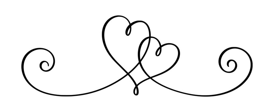 Calligraphic composition of duo intertwined hearts from one continuous line for wedding invitation.