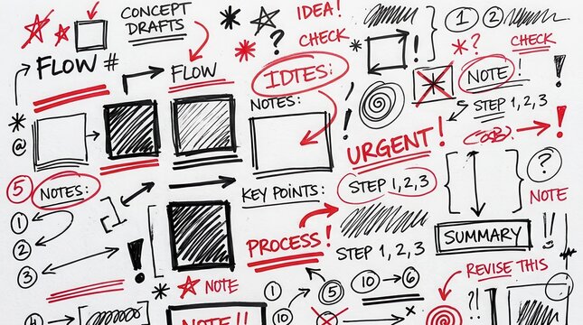 Hand Drawn Business Brainstorming Doodles with Arrows, Notes, and Process Flow Diagrams in Red and Black Ink