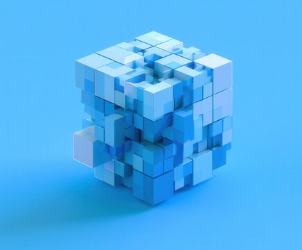 Bright blue cube made of small blocks arranged in a complex pattern on a solid blue background