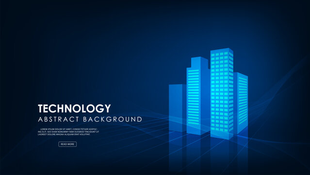 Technology of a building with line blend with concept smart city on dark blue background.