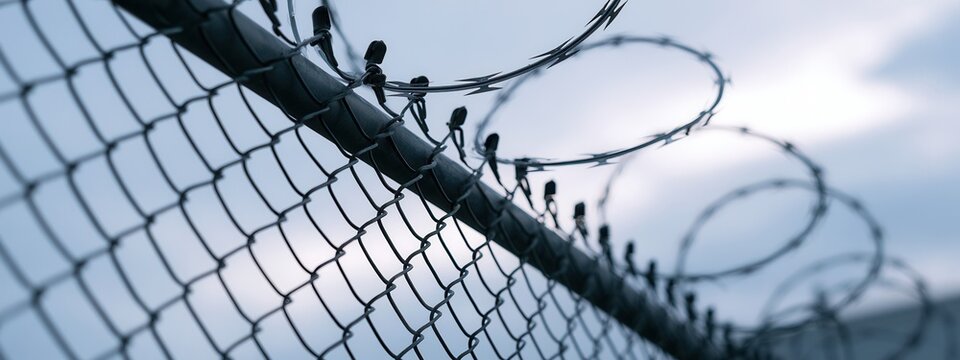 Barbed wire fence with a cloudy sky in the background at an outdoor location during the day