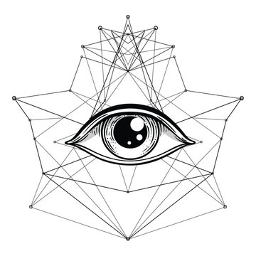 Mystical eye symbol isolated on white background with sacred geometry and ornamental details. New Age spiritual design inspired by tattoo art, mysticism, esoteric symbolism and ancient traditions.